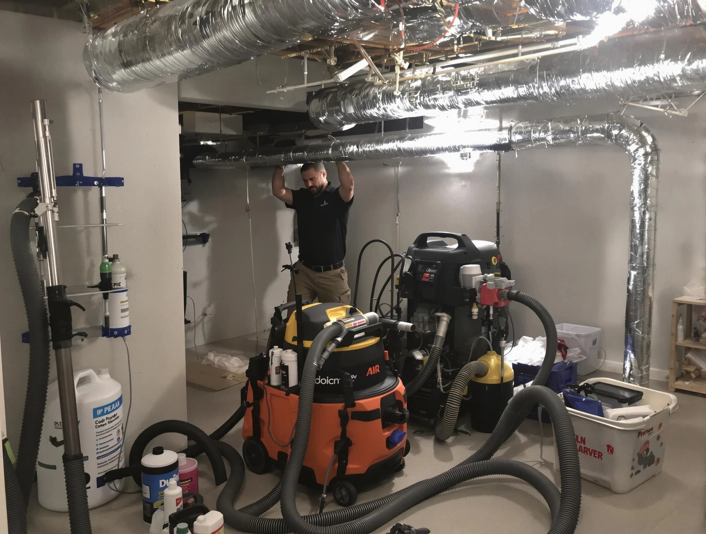 Erie Air Duct Cleaning specialist performing professional mold removal from air ducts using safety equipment in Erie