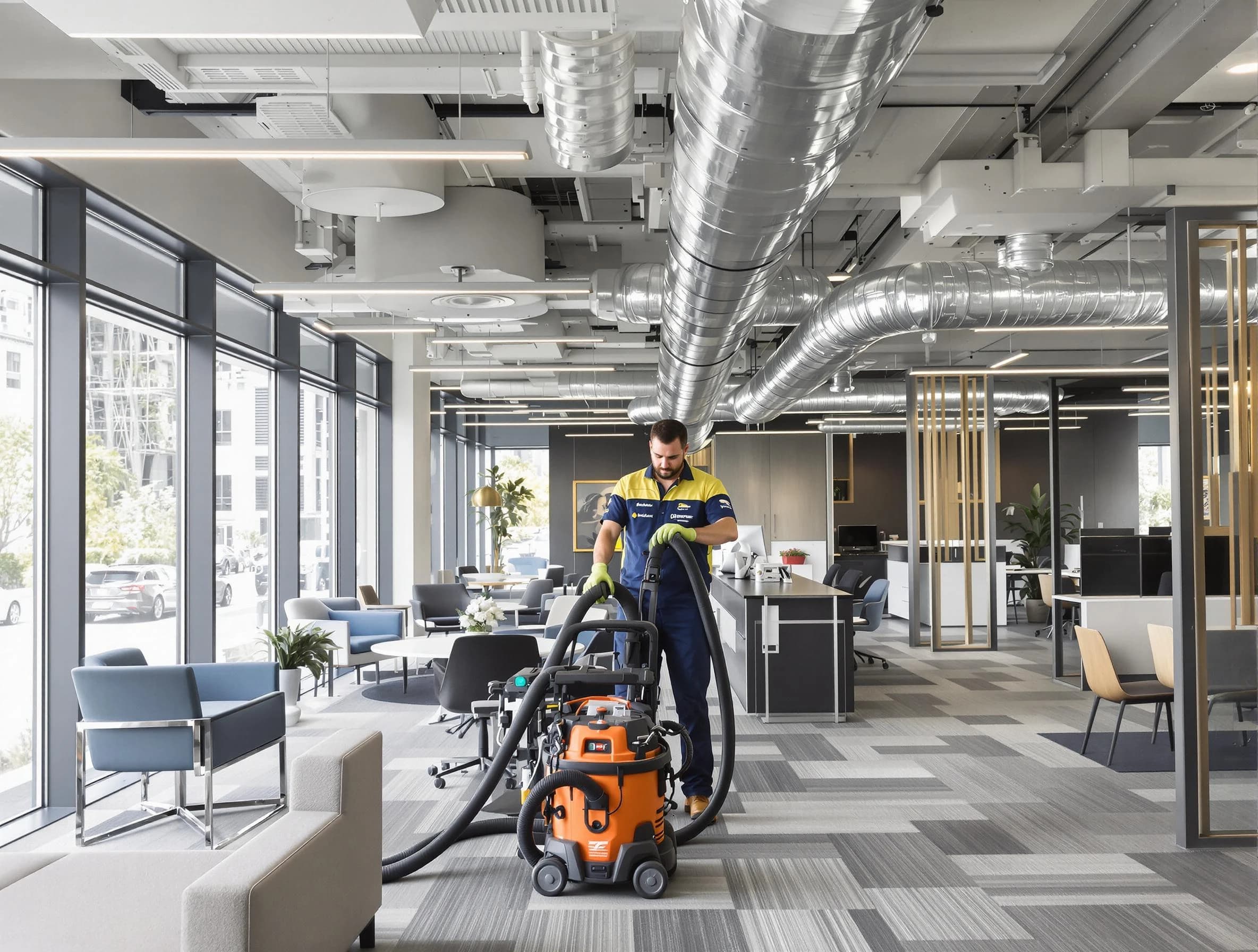 Erie Air Duct Cleaning team performing thorough commercial duct cleaning at a Erie business center