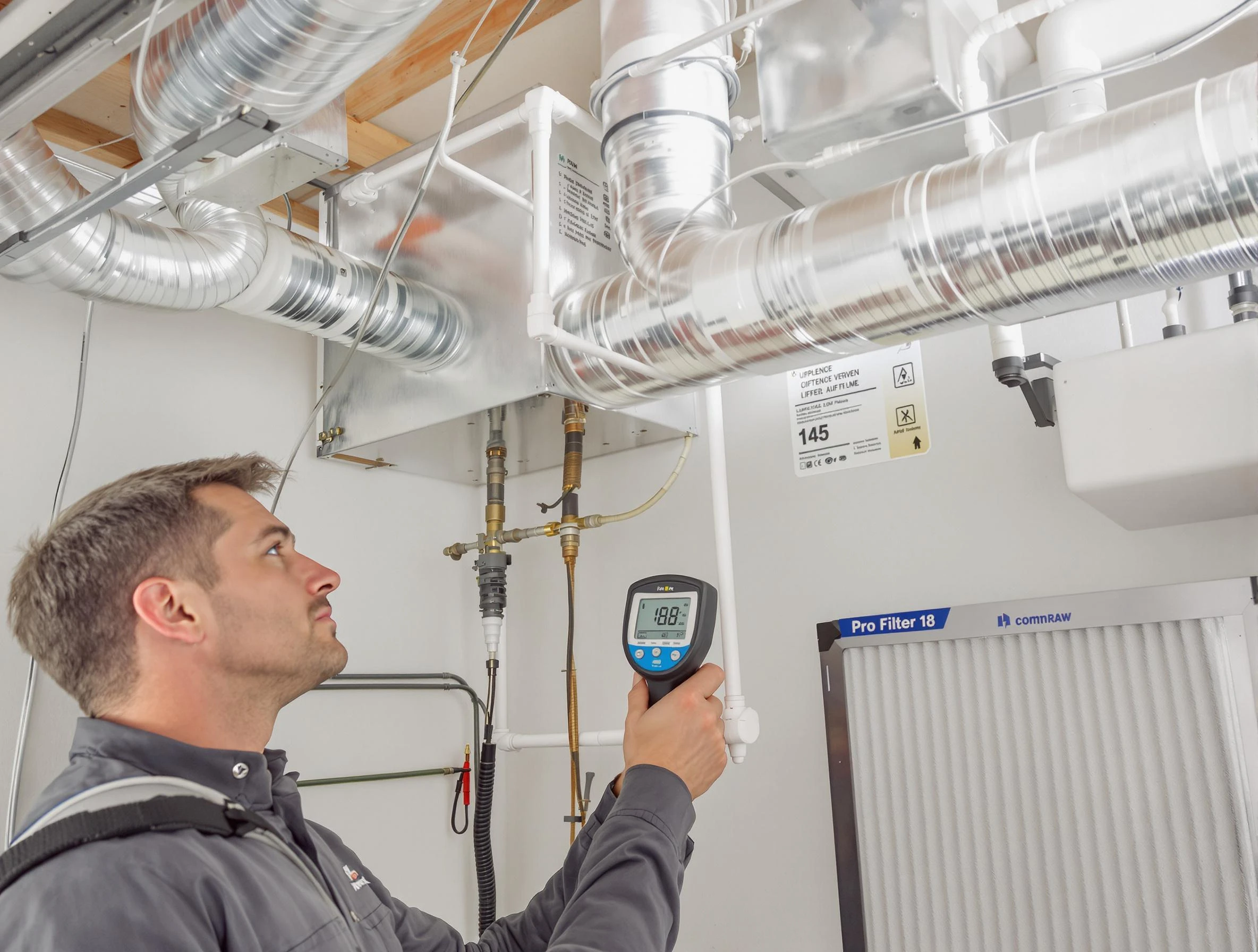 Erie Air Duct Cleaning expert conducting detailed filter system inspection using diagnostic tools in Erie